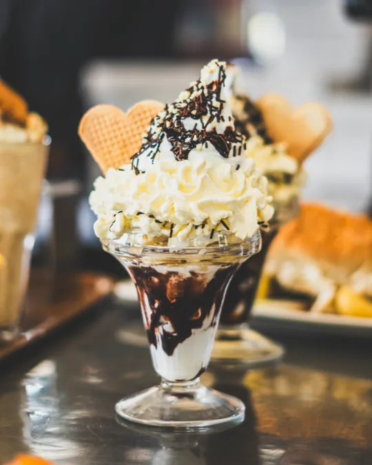 An ice cream sundae with chocolate sauce